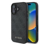 Funda iPhone 16 Plus Guess Cuero Sintético Gris Patrón Logo Dorado