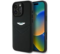 Funda iPhone 16 Pro Aston Martin Cuero Verdadero Negro Logo Metal