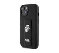 Funda Karl Lagerfeld Gripstand Saffiano Karl & Choupette Pins, Negra - iPhone 15