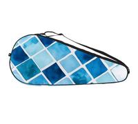 Funda ligera para raqueta de tenis con patrón geométrico de mosaico en acuarela azul y blanco verde azulado con correa ajustable para el hombro