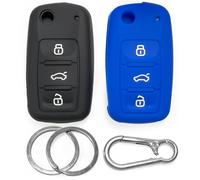 Funda Llave Coche Silicona para VW Golf Polo Passat Tiguan Jetta 99-16 para Skoda Octavia Fabia Seat Ibiza - 2uds Carcasa Llave 3-B - Protector Click&Fit Negro+Azul