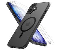 Funda Magnética para iPhone 16 6,1 Pulgadas, con 3 Piezas Vidrio Templado Protector de Pantalla y Marco de Instalación Fácil, Compatible MagSafe, Carcasa Respaldo Translúcida Mate - Negro