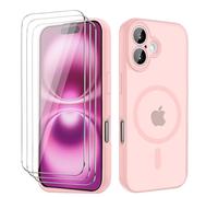 Funda Magnética para iPhone 16 6,1 Pulgadas, con 3 Piezas Vidrio Templado Protector de Pantalla y Marco de Instalación Fácil, Compatible MagSafe, Carcasa Respaldo Translúcida Mate - Rosa Claro