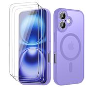 Funda Magnética para iPhone 16 6,1 Pulgadas, con 3 Piezas Vidrio Templado Protector de Pantalla y Marco de Instalación Fácil, Compatible MagSafe, Carcasa Respaldo Translúcida Mate - Claro Morado