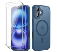 Funda Magnética para iPhone 16 6,1 Pulgadas, con 3 Piezas Vidrio Templado Protector de Pantalla y Marco de Instalación Fácil, Compatible MagSafe, Carcasa Respaldo Translúcida Mate - Azul