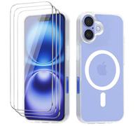 Funda Magnética para iPhone 16 6,1 Pulgadas, con 3 Piezas Vidrio Templado Protector de Pantalla y Marco de Instalación Fácil, Compatible MagSafe, Carcasa Respaldo Translúcida - Transparente Mate