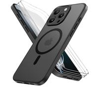 Funda Magnética para iPhone 16 Pro 6,3 Pulgadas, con 3 Piezas Vidrio Templado Protector de Pantalla y Marco de Instalación Fácil, Compatible MagSafe, Carcasa Respaldo Translúcida Mate - Negro