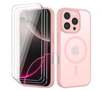 Funda Magnética para iPhone 16 Pro 6,3 Pulgadas, con 3 Piezas Vidrio Templado Protector de Pantalla y Marco de Instalación Fácil, Compatible MagSafe, Carcasa Respaldo Translúcida Mate - Rosa Claro