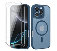 Funda Magnética para iPhone 16 Pro 6,3 Pulgadas, con 3 Piezas Vidrio Templado Protector de Pantalla y Marco de Instalación Fácil, Compatible MagSafe, Carcasa Respaldo Translúcida Mate - Azul
