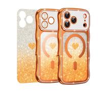 Funda magnética para iPhone 17 Pro Max, diseño de corazón con gemas brillantes, marco ondulado rizado con inserto extraíble de purpurina, compatible con MagSafe Girly a prueba de golpes, color naranja
