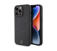 CG MOBILE Mercedes-Benz - Funda compatible con Magsafe iPhone 15 Pro Max en color negro, funda protectora y duradera de piel auténtica con fácil de poner, absorción de golpes y logotipo de la firma