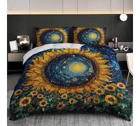 Funda Nordica 135x200 cm Cama 80/90 - Pintura al óLeo Vintage Microfibra Funda Nórdica y 2 Fundas de Almohada 50x75, Cielo Estrellado con Girasoles Suave y Cómodo 3 Piezas Niño Juego de Cama