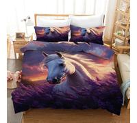Funda Nórdica 135X200 con Diseño de Caballos Salvajes, Caballo Blanco con Flores de Lavanda Moradas, Juego de Cama con Cremallera, Funda de Edredón de Microfibra Transpirable de Fácil Cuidado Par