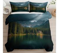 Funda Nórdica 150 x 220 cm Bosque Lago Árboles Cabaña Fotografía Juvenil Infantil, Juego de Cama Reversible Verde Oscuro para Niños Niñas - Ropa de Cama Duradero Suave Transpirable con Funda de Cojín