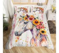 Funda Nordica 150x200 Caballo Blanco, Funda Nordica-Cama 90 Girasol, Suave Transpirable Conjuntos de Cama, Microfibra Funda Nórdica con Cremallera y 2 Fundas de Almohada 50x75cm y182