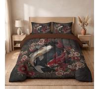 Funda Nórdica 150x220cm,Diseño 3D Animal Koi Flor de cerezo y Patrón de yin-yang oscuro de lujo retro,Reversible,Cierre de Cremallera,Suave Ropa de Cama de Microfibra, Costura en Forma de U