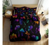 Funda Nordica 180 x 220 cm de Microfibra cepillada - Ropa de Cama con Fantasía Neón Plantas Hongos Estampado Patron - Juego de Funda Negro con Cremallera Oculta