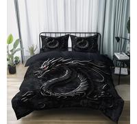 Funda nórdica 200 x 200 cm de Microfibra, Sencillo Línea De Dragón Occidental Juego de Cama Estampado con 2 Fundas de Almohada Negro Funda nórdica Reversible Estampada para Las 4 Estaciones