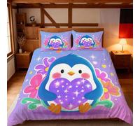 Funda Nórdica 200x200 cm Chica Pinguino Niño Chico Adolescente 3 Piezas Ropa de Cama Microfibra Patrón de Corazón Funda Edredon con 2 Fundas de Almohada