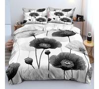 Funda Nórdica 200x200 de Amapola Blanca y Negra, Juego de Cama Botánico Floral Sencillo con Fundas de Almohada, Funda de Edredón Estilo Ilustración de Arte Moderno para Decoración de Habitació