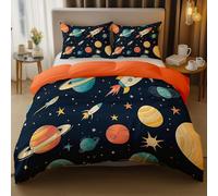 Funda Nordica 220 x 240 cm, Dibujos Animados Espacio Planeta Cohete de Microfibra Tela Suave al 3 Piezas con 2 Funda Almohada 50 X 75 cm - Color Naranja Ropa Cama con Estampado Moderno Multicolor