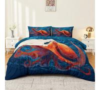 Funda nórdica 230 x 220 cm Juego de Cama Doble, Funda nórdica Pulpo Rojo De Dibujos Animados Microfibra Reversible con Cremallera, 2 Fundas de Almohada, Mar Azul