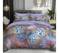 Funda Nórdica 240x220cm con 2 Fundas de Almohada 50x75 cm (Azul Y Rosa) - Juego de Cama Ilustraciones De Animales Mariposa Posada En Una Flor para Adultos 2 Personas, Microfibra Suave, Funda nórdica