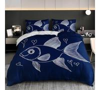 Funda Nordica 260x240 cm Cama 18 - PatróN de Pez Dibujado a Mano Microfibra Funda Nórdica y 2 Fundas de Almohada 50x75, Azul Suave y Cómodo 3 Piezas Adultos Juego de Cama con Cremallera
