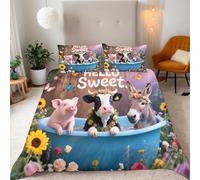 Funda Nórdica 3D Doble Cara Vaca Y Burro Flores Microfibra Suave Juego de Funda Edredon 200x220 cm + 2 Fundas de Almohada 50x75 con Cremallera Oculta y Banda de Esquina