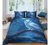 Funda Nórdica 3D Impresa Búho Nocturno Microfibra Decoración Dormitorio Juego de Ropa de Cama Bosque Lunar Suave Transpirable para Adultos Hogar Single（140x200cm）