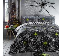 Funda Nórdica Arañas Halloween Bedlam - Tamaño Doble (200 x 200cm) - Reversible (2 Diseños) - Cuadro Negro - Brilla en la Oscuridad - Ropa de Cama de Araña en Gris - Decoraciones de Halloween