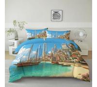 Funda nórdica Azul, 150 x 220 cm Juego de Cama de Microfibra Cepillada Estampada Costero Arquitectura Retro Velero - Funda Nórdica Suave Ligera y de Fácil Cuidado