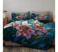 Funda Nordica Bicolor Cama 90 - Pintura Botánica China Sobre Vidrio Funda Edredón 135X200Cm Y 1 Fundas De Almohada 50X75Cm De Microfibra, Lirio Vintage, Reversible Suave Confortable, Cian Oscuro