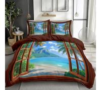 Funda Nórdica Cama 105-200 x 200 cm, Ropa de Cama impresión 3D Moderno Playa Nubes Blancas Plantas Marrón, Doble Cara, Transpirable y Resistente a Las Arrugas, Adecuado para niños y niñas