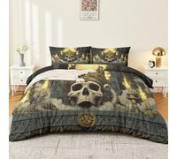Funda Nordica Cama 105-200x200cm,Calaveras Coronas Llamas Murallas De La Ciudad Microfibra Juvenil Juego de Ropa de Cama de 3 Piezas Reversible con Cremallera,con 2 Fundas de Almohada 50x75cm,Gris