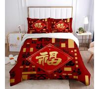 Funda Nordica Cama 105 Caracteres Chinos, Ropa de Cama 200x200 Año Nuevo Rojo de Microfibra de Impresos 3D Funda Edredon 200x200 cm y 2 Funda de Almohada 50x75 cm 6871-K