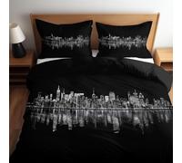 Funda Nordica Cama 105 Ciudad Negra de Nueva York, Microfibra Ropa de Cama Vista Nocturna Reversible de Nueva York Funda Edredon 200x200 cm, 2 x Funda de Almohada 50x75 cm, 3D Funda de Edredón r.7040