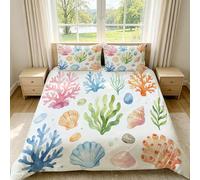 Funda Nordica Cama 105 Coral y Conchas Marinas 3D Impresión Funda de Edredón Estilo Océano Pintado a Mano Microfibra Suave Transpirable Funda Nórdica 200x200 cm con 2 Fundas de Almohada 50x75cm d-992