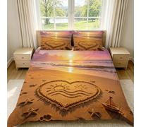 Funda Nordica Cama 105 Corazón en la Playa 3D Impresión Funda de Edredón Costa Romántica Microfibra Suave Transpirable Funda Nórdica 200x200 cm con 2 Fundas de Almohada 50x75cm d-622