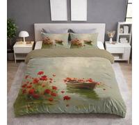 Funda Nordica Cama 105 - Juego de Funda Edredon 155 x 220 cm 2 Piezas + 1 Funda de Almohada 50 x 75 cm, Microfibra Suave y para la Piel, Antiarrugas, Verde, Pintura Al Óleo Flores Barco Pequeño