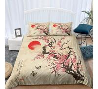 Funda Nordica Cama 105 Juvenil Flor de Cerezo Japonés Ropa de Cama 3D Atardecer 3 Piezas Suave Transpirable Microfibra Funda Nórdica 200x200 cm y 2 Fundas de Almohada 50x75 cm J-985