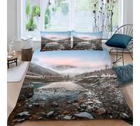 Funda Nordica Cama 105 Niebla Matutina sobre un Arroyo Impresión 3D Ropa de Cama Paisaje Natural Suave Microfibra Funda de Edredón 200x200 con Cremallera y 2 Fundas De Almohada 50x75 s.507