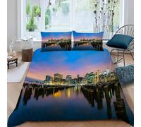 Funda Nordica Cama 105 Paisaje Urbano Nocturno Microfibra Suave 3D Funda Nórdica 200x200 Edificios Modernos Ropa de Cama con Cremallera Fundas Edredón con 2 Fundas Almohada b-1283