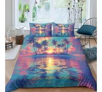 Funda Nordica Cama 105 Palmera 3D Impresión Funda de Edredón Amanecer en Una Isla Microfibra Suave Transpirable Funda Nórdica 200x200 cm con 2 Fundas de Almohada 50x75cm a_526