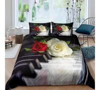 Funda Nordica Cama 105 Rosas, 3D Funda Edredon 180x220 cm Piano Microfibra Ropa de Cama Musica Reversible 3 Piezas, Funda de Edredón + 2 Fundas de Almohada m4779