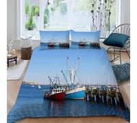 Funda Nordica Cama 135/150 Barco Pesquero Funda Edredon Microfibra Ropa de Cama Muelle Fundas Nórdicas 220x240 con 2 Fundas de Almohada 50x75 con Cremallera C-2594