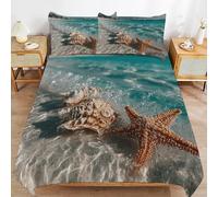 Funda Nordica Cama 135/150 Estrella de Mar y Caracola Microfibra Suave 3D Funda Nórdica 220x240 Playa OceáNica Ropa de Cama con Cremallera Fundas Edredón con 2 Fundas Almohada j-2195