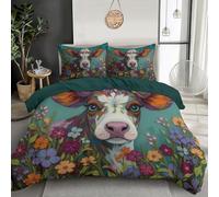 Funda Nordica Cama 135/150, Funda Nórdica 220x240cm con Macizo De Flores Vaca Pintura Al Óleo Animal Microfibra 3 Pezzi Compuesto por 1 Fundas Nordica 220x240cm + 2 Fundas De Almohada 50X75cm, Verde