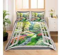 Funda Nordica Cama 135/150 Jardín Funda Edredon Microfibra Suave 3D Juego de Ropa de Cama Vista Desde Una Ventana Funda Nordica 220x240 y 2 Fundas de Almohada 50x75 cm D-2314