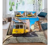 Funda Nordica Cama 135/150 Tranvía, 3D Funda Edredon 220x240 cm Patrón de Tren Microfibra Ropa de Cama Paisaje Callejero Reversible 3 Piezas, Funda de Edredón + 2 Fundas de Almohada m713